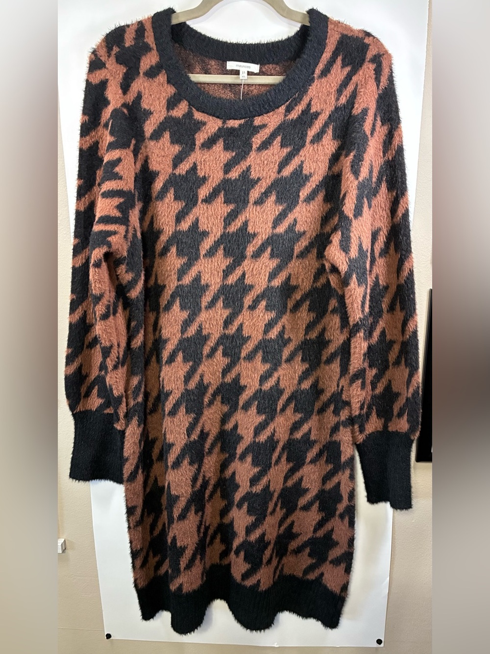 Maurices Houndstooth Fuzzy Sweater Dress Black Brown XL NWT